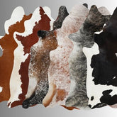 Cowhide rugs in black, brown, white, red, grey, beige and brindle pattern.